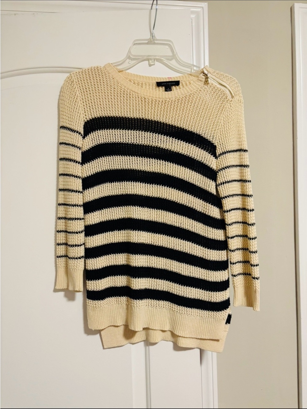 ANN TAYLOR, Striped Cream and Black Knit Sweater, Size Small